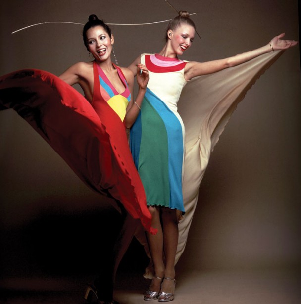 Models wearing dresses by Stephen Burrows in 1973. From Stephen Burrows: When Fashion Danced. Photograph by Charles Tracy.