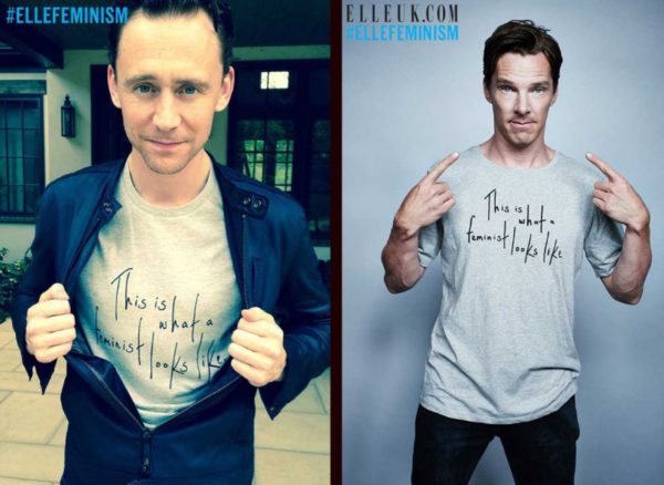 La campaña de Elle UK, "This is what a feminist looks like" que reunió a grandes personalidades para lucir la playera característica de la firma. Aquí, Tom Hiddleston y Benedict Cumberbatch posando con ella. Sin embargo, hubo denuncias de que se fabricaron en condiciones indignantes. Foto: Elle UK